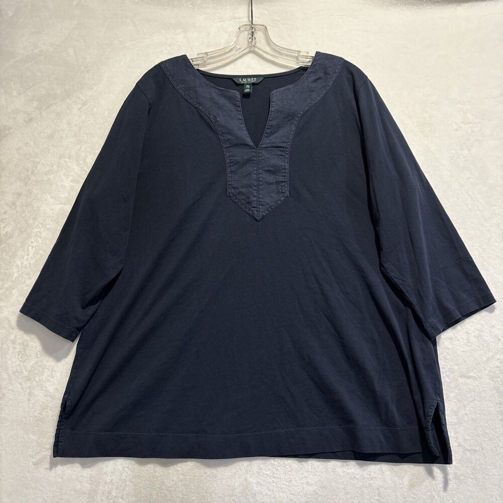 Ralph Lauren Women’s Tunic Top 2X Navy Blue V-Neck 3/4 Sleeve Plus Size Blouse